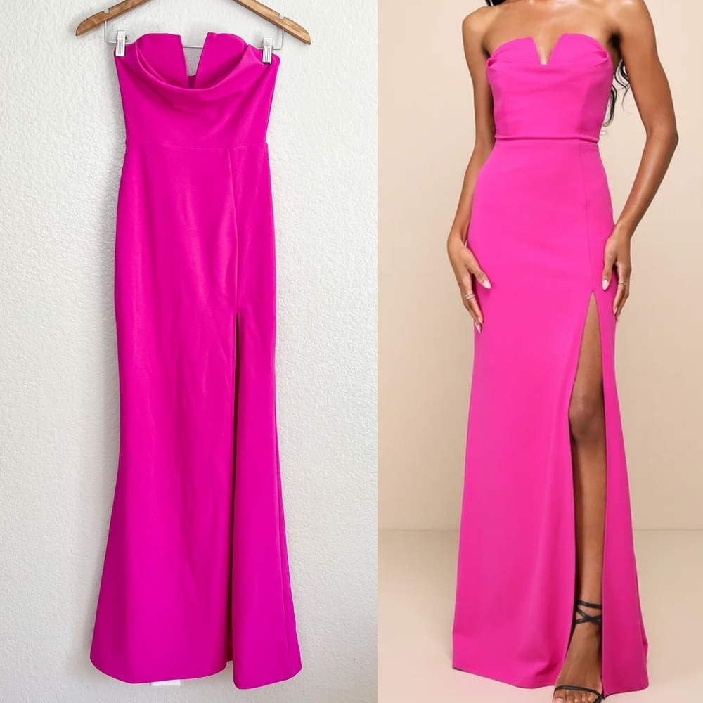 Lulu's Hot Pink Strapless Prom Gown with Front Slit